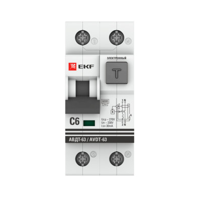 Фотография Дифференциальный автомат АВДТ-63  6А/ 30мА (хар-ка C, электронный тип АС) 6кА EKF PROxima, артикул DA63-6-30e-AC