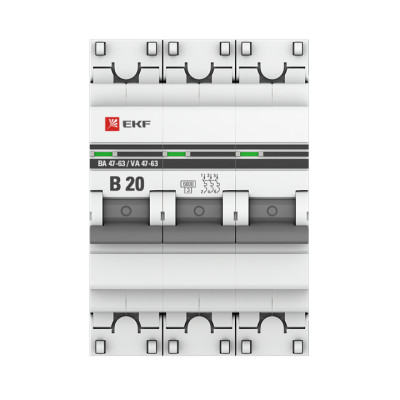 Фотография Автоматический выключатель 3P 20А (B) 6кА ВА 47-63 EKF PROxima, артикул mcb4763-6-3-20B-pro