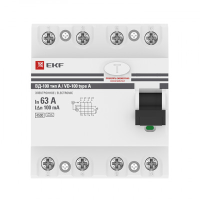 Фотография Устройство Защитного Отключения ВД-100 4P 63А/100мА (электр, тип А) EKF PROxima, артикул elcb-4-63-100-e-a-pro