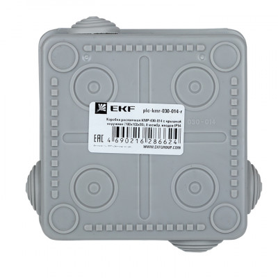 Фотография Коробка распаячная КМР-030-014 с крышкой наружная (100х100х55), 8 мембранных вводов IP54 розничный стикер EKF PROxima, артикул plc-kmr-030-014-r