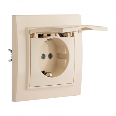 Фотография Розетка 1-местная СП с/з Минск с крышкой 16А бежевая с защ. штор. EKF, артикул ERR16-029-200