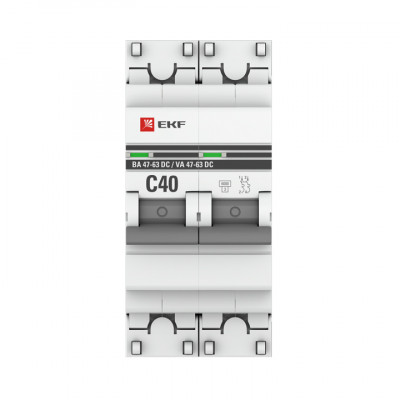 Фотография Автоматический выключатель 2P 40А (C) 6кА ВА 47-63 DC EKF PROxima, артикул mcb4763-DC-2-40C-pro