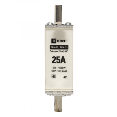 Фотография Плавкая вставка ППН-33 100/ 25А габарит 00С EKF PROxima, артикул fus-33/100/25