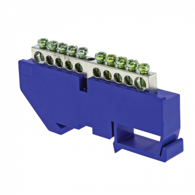 Фотография Шина 0 N (6x9мм) 10 отв. цинк синий изолятор на DIN-рейку EKF PROxima, артикул sn1-63-10-d