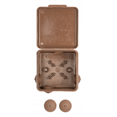 Фотография Коробка распаячная  КМР-030-031 с крышкой (80х80х50) 7 мембранных вводов тёмное дерево IP54 EKF PROxima, артикул plc-kmr-030-031-t