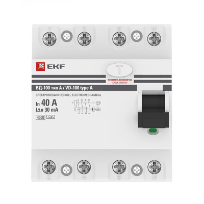 Фотография Устройство Защитного Отключения ВД-100 4P 40А/ 30мА (эл-мех, тип А) EKF PROxima, артикул elcb-4-40-30-em-a-pro