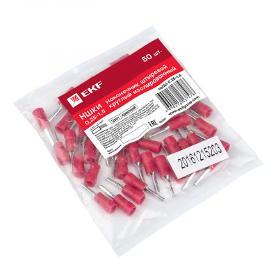 Фотография Наконечник штыревой круглый изолированный НШКИ 0.25-1.5 (уп 50шт) EKF PROxima, артикул nshki-0.25-1.5