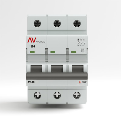 Фотография Выключатель автоматический AV-10 3P  4A (B) 10kA EKF AVERES, артикул mcb10-3-04B-av