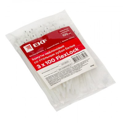 Фотография Хомут нейлоновый со стальным зубом (б), 3x100 (100шт) EKF PROxima, артикул plc-fl-ctsbw-3x100