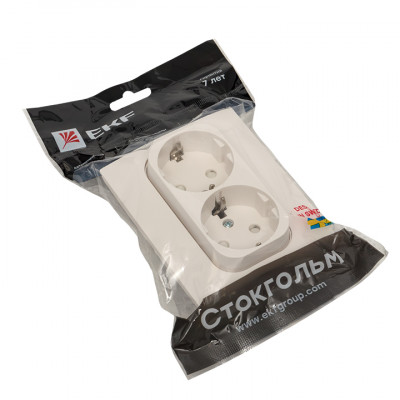 Фотография Стокгольм Розетка 2-местная с/з 16А белая с защ. штор. EKF PROxima, артикул EXR16-128-10