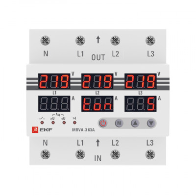 Фотография Трехфазное реле напряжения и тока с дисп. MRVA-3 63A EKF, артикул MRVA-3-63A