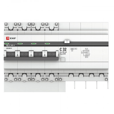 Фотография Дифференциальный автомат АД-4 32А/300мА (х-ка C, АС, электронный, защита 270В) 4,5кА EKF PROxima, артикул DA4-32-300-pro