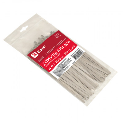 Фотография Хомут AISI 304 из нержавеющей стали, 4.6x200 (100 шт.) FlexLock PROxima, артикул plc-fl-tss-304-4.6x200