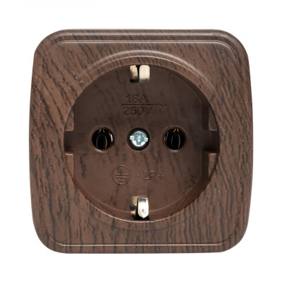 Фотография Розетка 1-местная ОП Минск 16А с заземлением тёмное дерево EKF, артикул EGR16-028-40