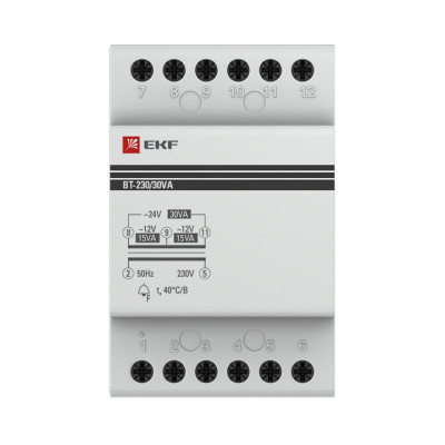 Фотография Трансформатор звонковый модульный BT-230В/12-12В 30ВА EKF PROxima, артикул bt-230/30va