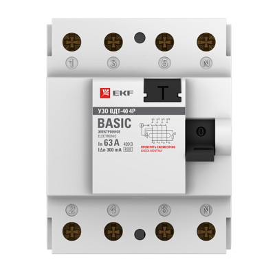 Фотография Устройство защитного отключения УЗО ВДT-40 4P 63А/300мА (электронное) EKF Basic, артикул elcb-4-63-300e-sim