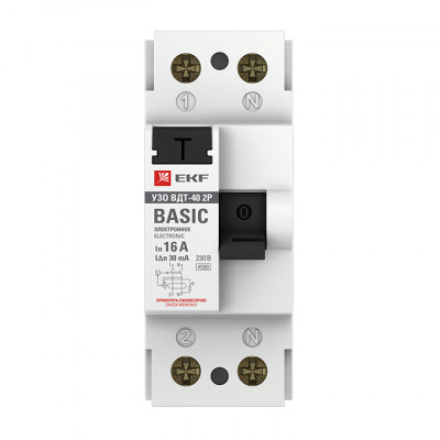 Фотография Устройство защитного отключения УЗО ВДТ-40 2P 16А/ 30мА (электронное) EKF Basic, артикул elcb-2-16-30e-sim
