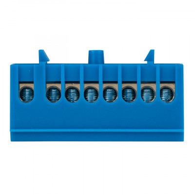 Фотография Шина 0 N (6х9мм) 8 отверстий латунь синий изолированный корпус на DIN-рейку EKF PROxima, артикул sn0-63-8-ib
