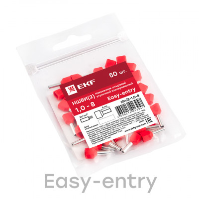 Фотография Наконечник штыревой втулочный изолированный НШвИ(2)  1,0-8 (50шт.) EKF PROxima, артикул nhvi2-1.0-8