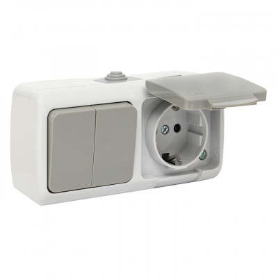 Фотография Мурманск Блок  розетка 1-м 16А с заземлением с крышкой + 2-кл выключатель IP54 серый EKF, артикул EFRV16-052-30-540