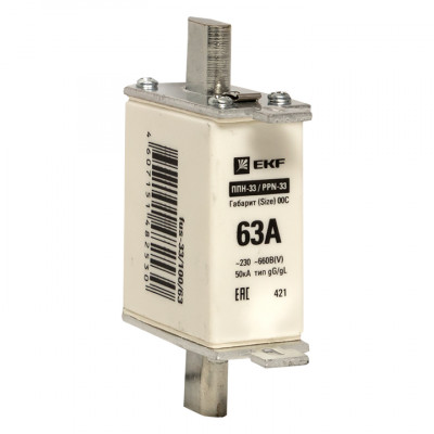 Фотография Плавкая вставка ППН-33 100/ 63А габарит 00С EKF PROxima, артикул fus-33/100/63