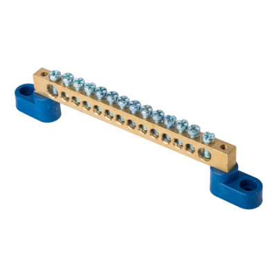 Фотография Шина 0 N (8х12мм) 14 отверстий латунь 2 синих угловых изолятора EKF PROxima, артикул sn0-125-14-2