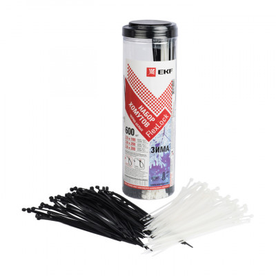 Фотография Набор хомутов черно-белых Зима (600 шт.): 2,5х100, 3,6х200, 3,6х280 FlexLock PROxima, артикул plc-fl-set-wi