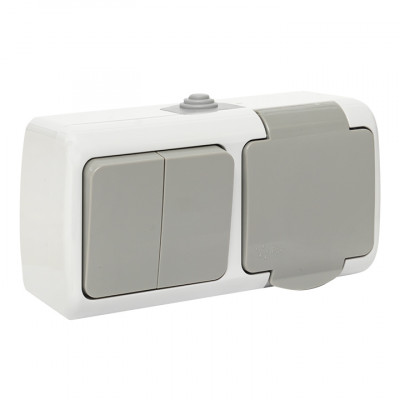 Фотография Мурманск Блок  розетка 1-м 16А с заземлением с крышкой + 2-кл выключатель IP54 серый EKF, артикул EFRV16-052-30-540