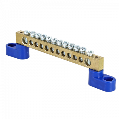 Фотография Шина 0 N (6х9мм) 12 отверстий латунь 2 синих угловых изолятора EKF PROxima, артикул sn0-63-12-2