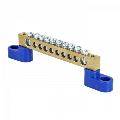 Фотография Шина 0 N (8х12мм) 10 отверстий латунь 2 синих угловых изолятора EKF PROxima, артикул sn0-125-10-2