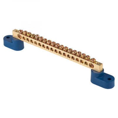 Фотография Шина 0 N (8х12мм) 18 отверстий латунь 2 синих угловых изолятора EKF PROxima, артикул sn0-125-18-2