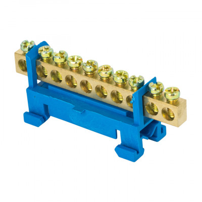 Фотография Шина 0 N (6х9мм) 10 отверстий латунь синий изолятор тип Стойка на DIN-рейку розничный стикер EKF PROxima, артикул sn0-63-10-sb-r