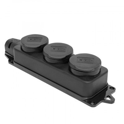 Фотография Розетка (колодка) трехместная с защит. крышками каучуковая 230В 2P+PE 16A IP44 EKF, артикул RPS-015-16-230-44