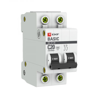 Фотография Автоматический выключатель 2P 20А (C) 4,5кА ВА 47-29 EKF Basic, артикул mcb4729-2-20C