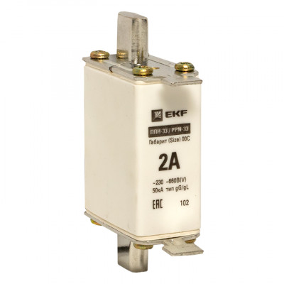 Фотография Плавкая вставка ППН-33 100/  2А габарит 00С EKF PROxima, артикул fus-33/100/2
