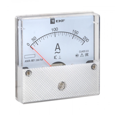 Фотография Амперметр AMA-801 аналоговый на панель (80х80) круглый вырез 200А трансф. подкл. EKF, артикул ama-801-200