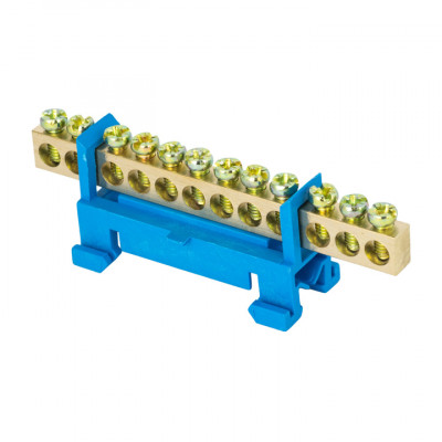 Фотография Шина 0 N (6х9мм) 12 отверстий латунь синий изолятор тип Стойка на DIN-рейку розничный стикер EKF PROxima, артикул sn0-63-12-sb-r