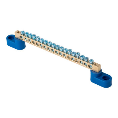 Фотография Шина 0 N (6х9мм) 18 отверстий латунь 2 синих угловых изолятора EKF PROxima, артикул sn0-2-63-18