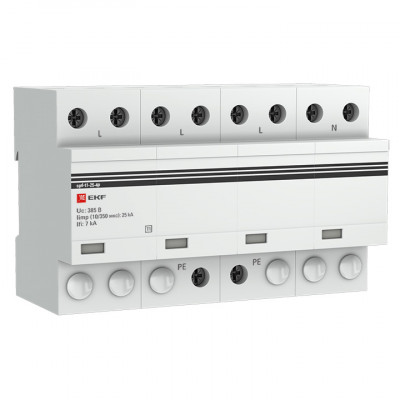 Фотография Устройство защиты от импульсных перенапряжений Тип 1 Iimp 25kA (10/350μs) 4P EKF, артикул spd-t1-25-4p